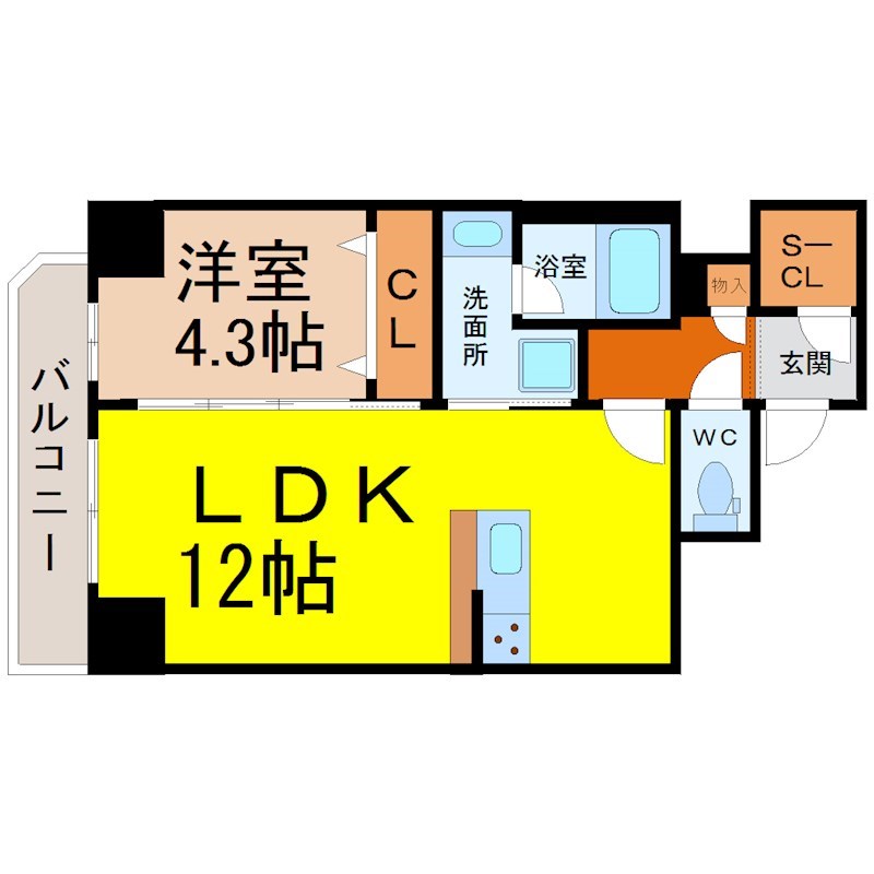 ＧＲＡＮ ＰＡＲＫ ＣＯＵＲＴ 間取図　ＬＤＫ12帖　洋室4.3帖　脱衣洗面所　バルコニー
