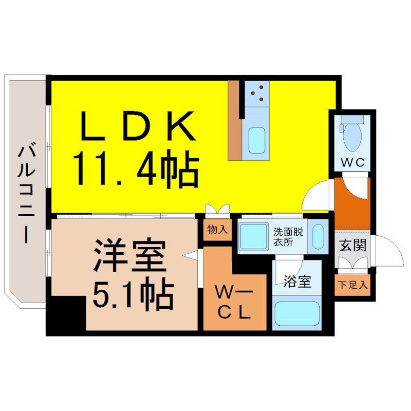 ＧＲＡＮ ＰＡＲＫ ＣＯＵＲＴ 間取図　ＬＤＫ11.4帖　洋室5.1帖　脱衣洗面所　バルコニー