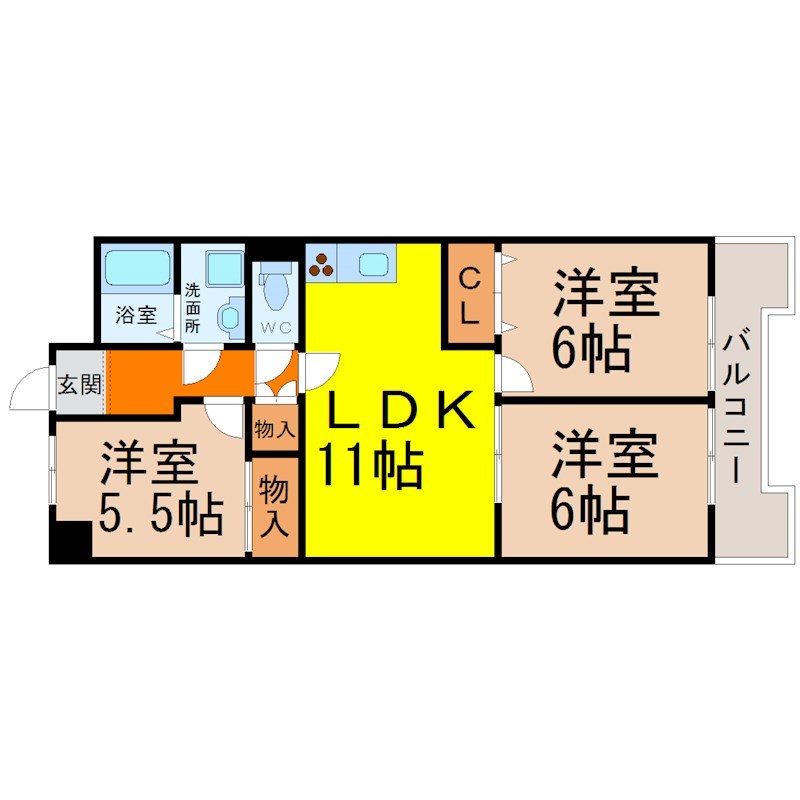 プレザント白金 間取図　ＬＤＫ11帖　脱衣洗面所　収納3カ所　南面バルコニー