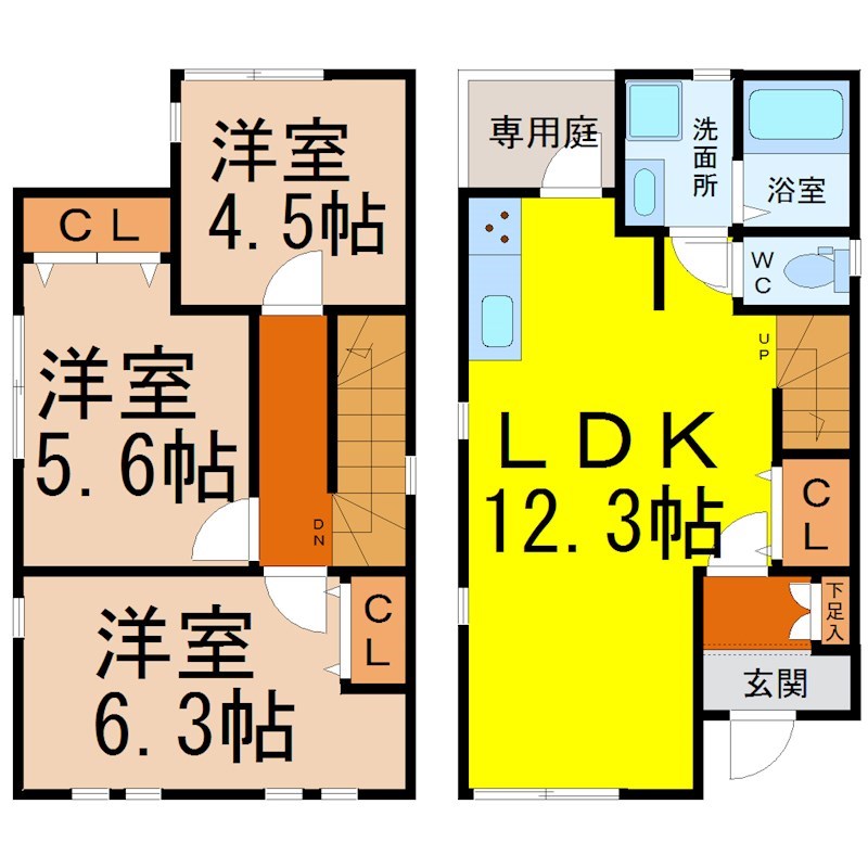 プライムアセットＴ－ＨＯＵＳＥ 間取図　ＬＤＫ12.3帖　システムキッチン　脱衣洗面所