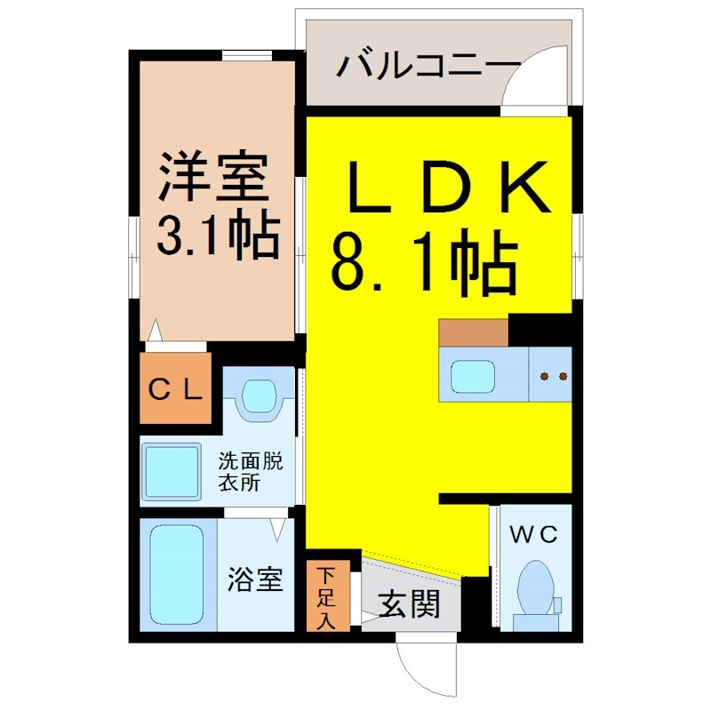 Ａｎｅｃｉｓ橘 間取図　ＬＤＫ8.1帖　洋室3.1帖　カウンターキッチン