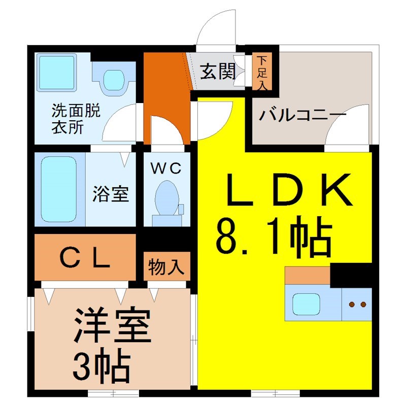 Ａｎｅｃｉｓ橘 間取図　ＬＤＫ8.1帖　洋室3帖　カウンターキッチン