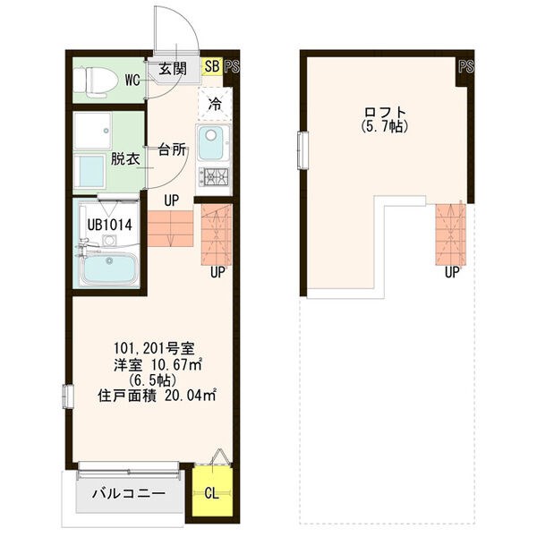 ハーモニーテラス上飯田西町 間取図　洋室6.5帖　ロフト5.7帖　脱衣洗面所　バルコニー