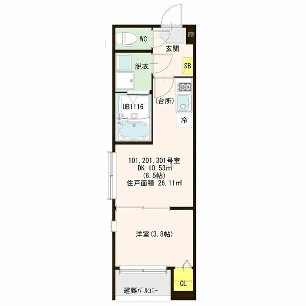 ＶＩＬＬＡ ＡＳＵＫＡ 間取図　ＤＫ6.5帖　洋室3.8帖　脱衣洗面所　バルコニー