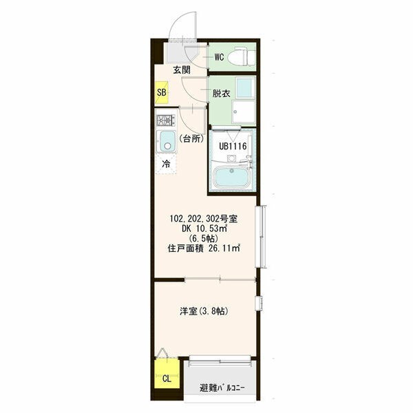 ＶＩＬＬＡ ＡＳＵＫＡ 間取図　ＤＫ6.5帖　洋室3.8帖　脱衣洗面所　バルコニー