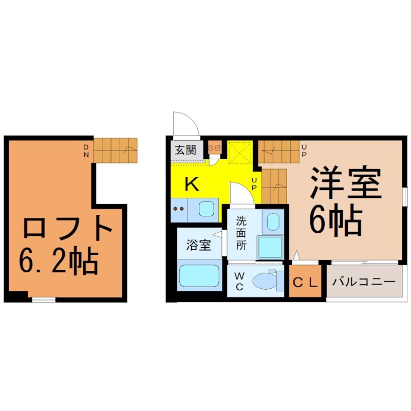 ハーモニーテラス平出町II 間取図　洋室6帖　ロフト6.2帖　脱衣洗面所