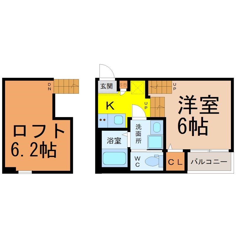 ハーモニーテラス平出町II 間取図　洋室6帖　ロフト6.2帖　脱衣洗面所