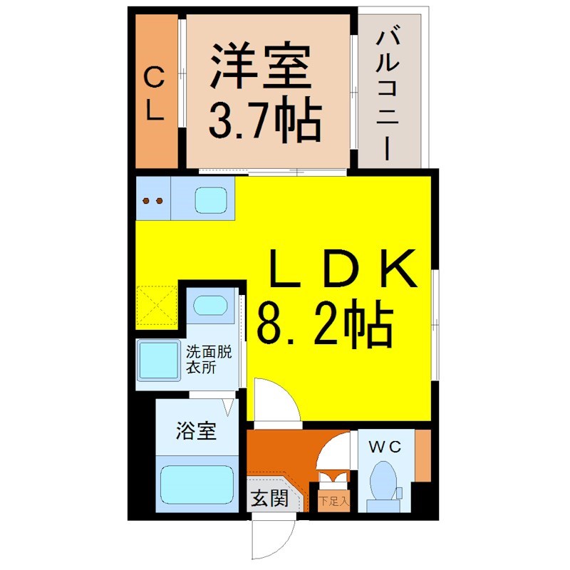 Fine Residence T01 間取図　ＬＤＫ8.2帖　洋室3.7帖　脱衣洗面所　バルコニー