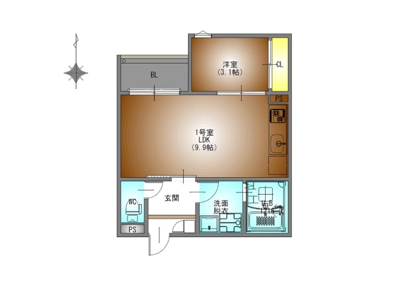 ＲＥＧＡＬＥＳＴ三番町 間取図　ＬＤＫ9.9帖　洋室3.1帖　脱衣洗面所