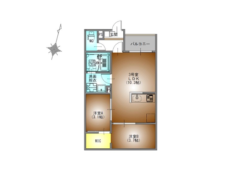 ＲＥＧＡＬＥＳＴ道徳駅前 間取図　ＬＤＫ10.3帖　脱衣洗面所　バルコニー