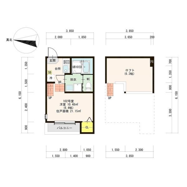 ハーモニーテラス金屋II 間取図　洋室6.4帖　ロフト6.3帖　脱衣洗面所　バルコニー