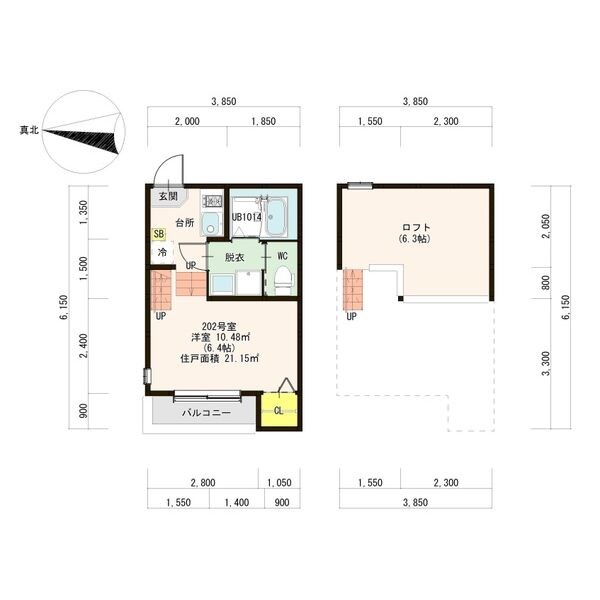 ハーモニーテラス金屋II 間取図　洋室6.4帖　ロフト6.3帖　脱衣洗面所　バルコニー