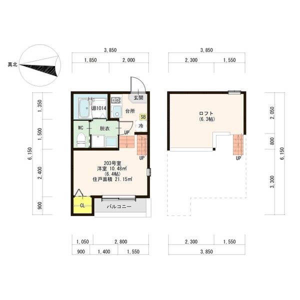 ハーモニーテラス金屋II 間取図　洋室6.4帖　ロフト6.3帖　脱衣洗面所　バルコニー