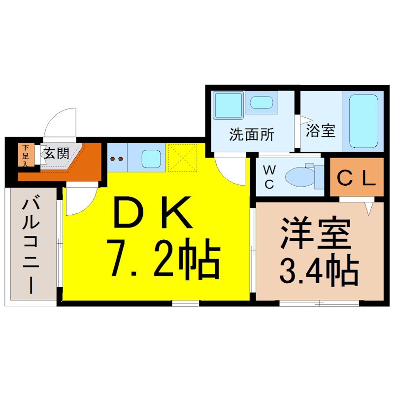コスモス 間取図　ＤＫ7.2帖　洋室3.4帖　脱衣洗面所　バルコニー
