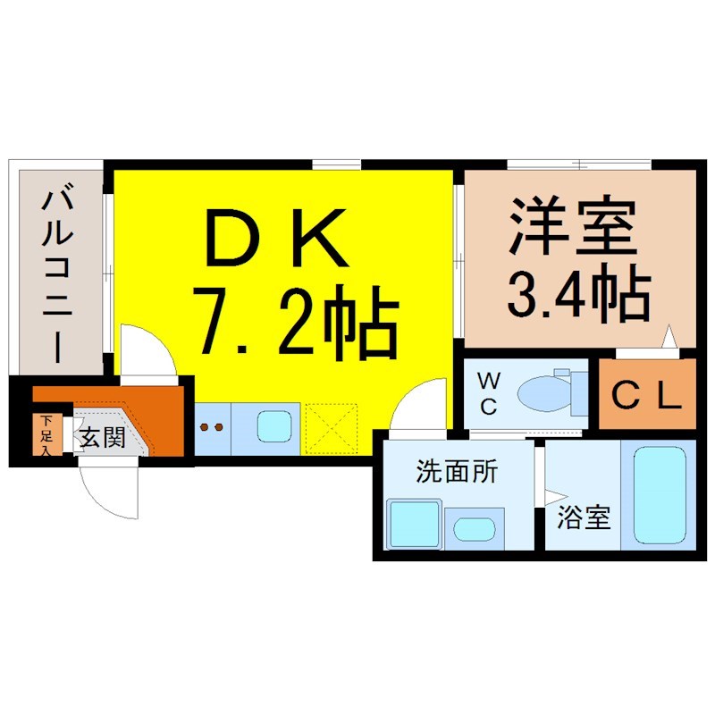 コスモス 間取図　ＤＫ7.2帖　洋室3.4帖　脱衣洗面所　バルコニー