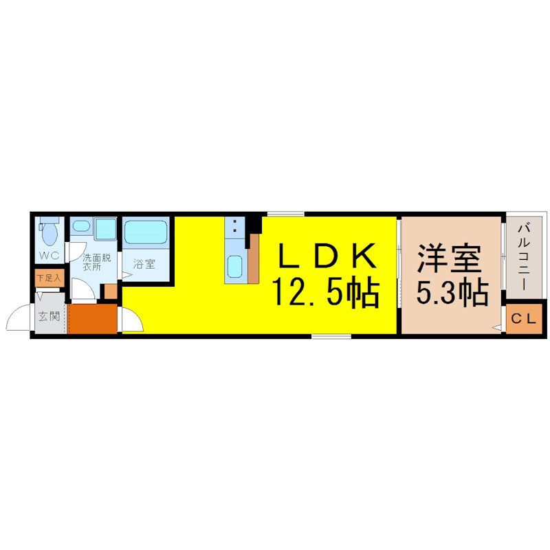 ＤＥＶＥＬＤ橘 間取図　ＬＤＫ12.5帖　洋室5.3帖　脱衣洗面所