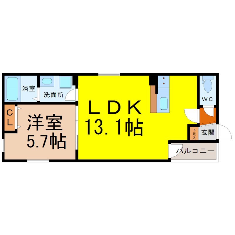 ＤＥＶＥＬＤ橘 間取図　ＬＤＫ13.1帖　洋室5.7帖　脱衣洗面所