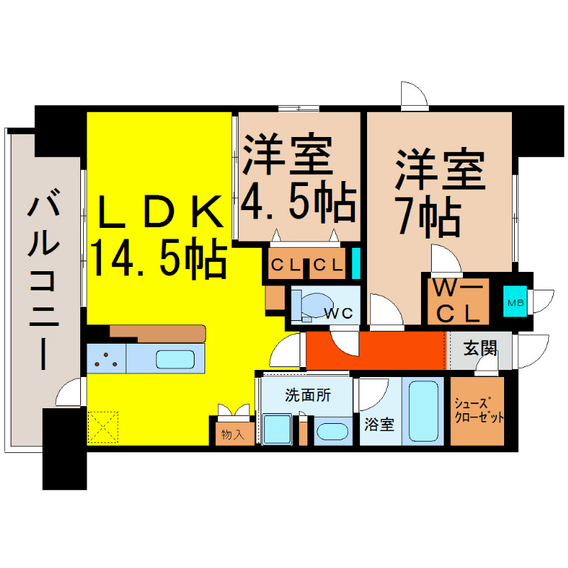 プレサンスロジェ高岳駅前 間取り　ＬＤＫ14.5帖　脱衣洗面所　バルコニー