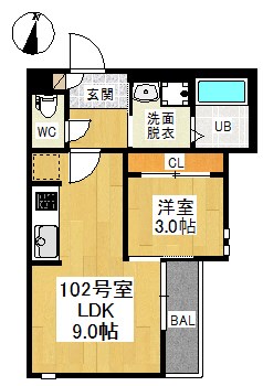 ＧＲＡＮＤＴＩＣ平安通駅前 間取図　ＬＤＫ9帖　洋室3帖　脱衣洗面所