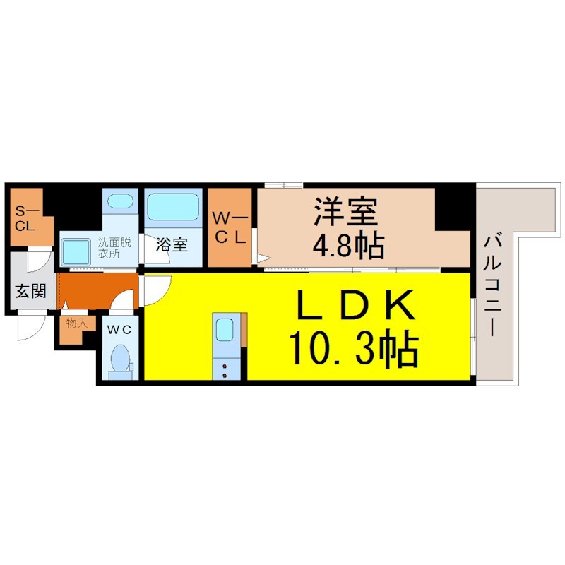 Ｅ－ｃｉｔｙ大須 間取図　ＬＤＫ10.3帖　洋室4.8帖　カウンターキッチン