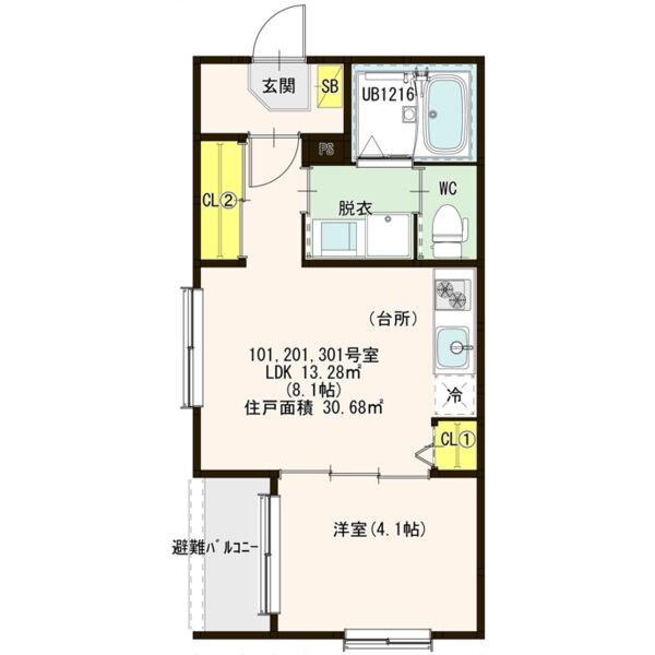 （仮称）ハーモニーテラス上小田井一丁目②Ａ 間取図　ＬＤＫ8.1帖　洋室4.1帖　脱衣洗面所　バルコニー