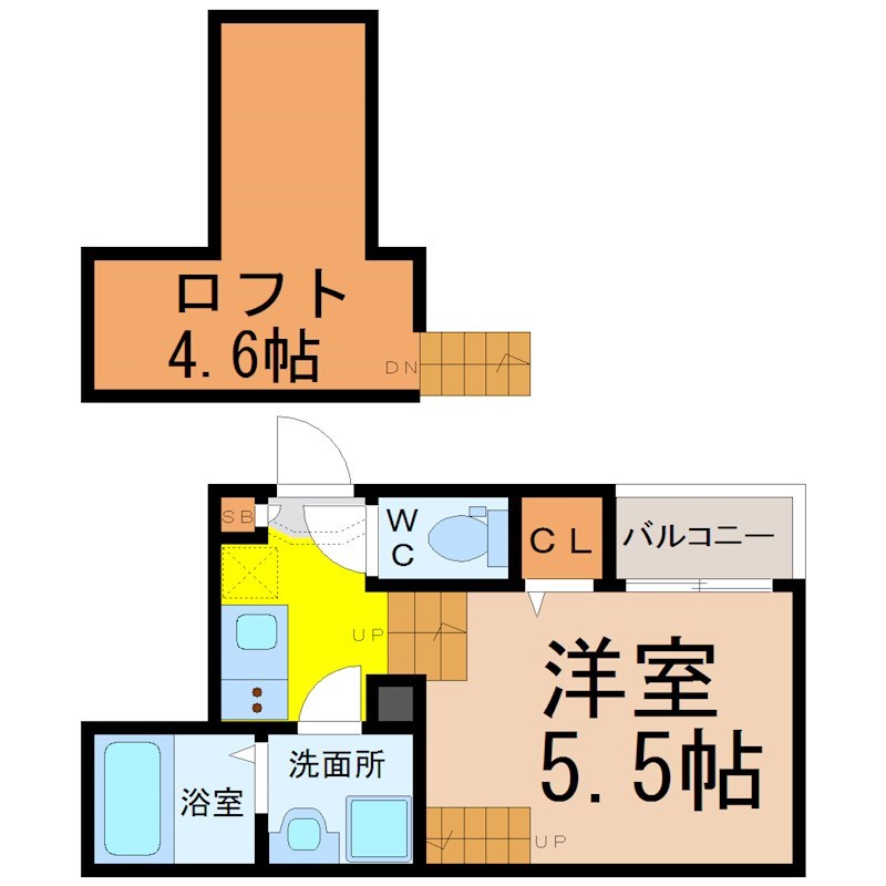 ファーストメゾン車道 間取図　洋室5.5帖　ロフト4.6帖　脱衣洗面所　バルコニー