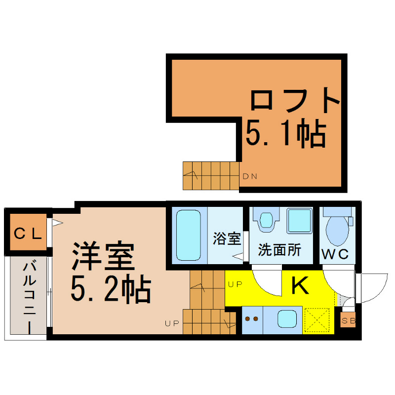 ファーストメゾン車道 間取図　洋室5.2帖　ロフト5.1帖　脱衣洗面所　バルコニー