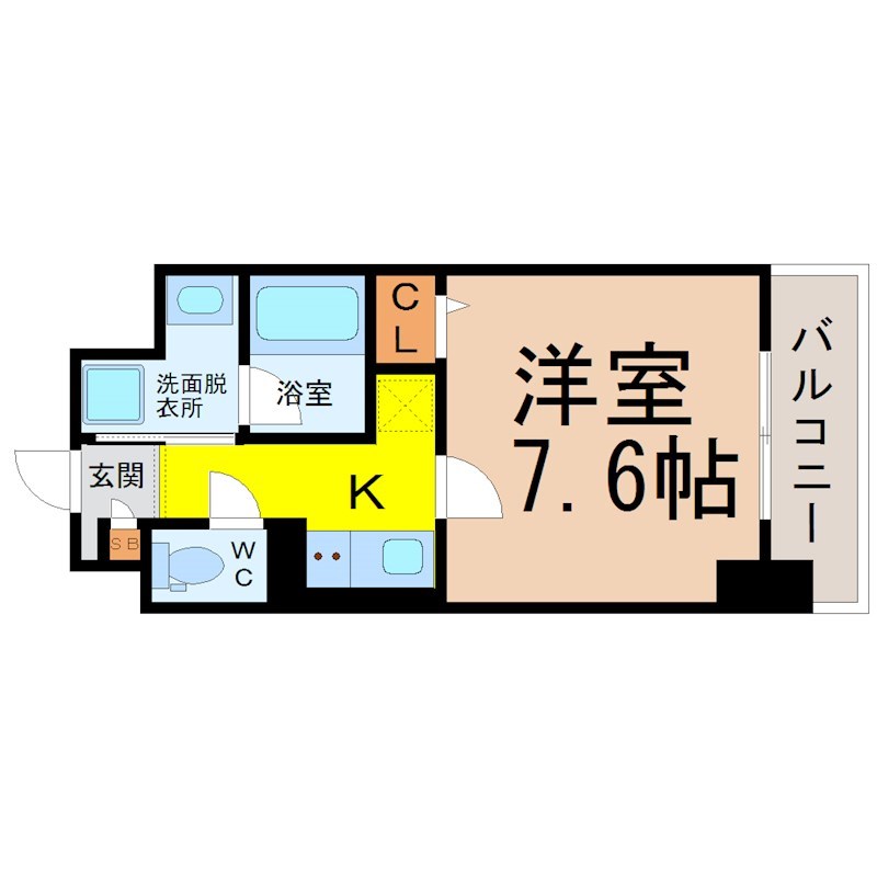 パークハイム日比野 間取図　洋室7.6帖　脱衣洗面所　バルコニー