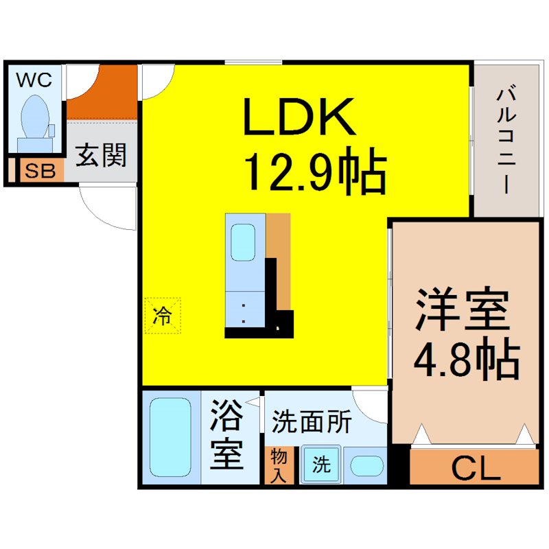 TRY Ⅱ 柳川（トライツーヤナガワ） 間取り　LDK12.9帖　洋室4.8帖