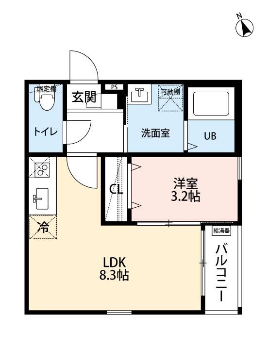 ｒｏｂｏｔ ｈｏｍｅ 上飯田東町 間取図　ＬＤＫ8.3帖　洋室3.2帖　脱衣洗面所　バルコニー
