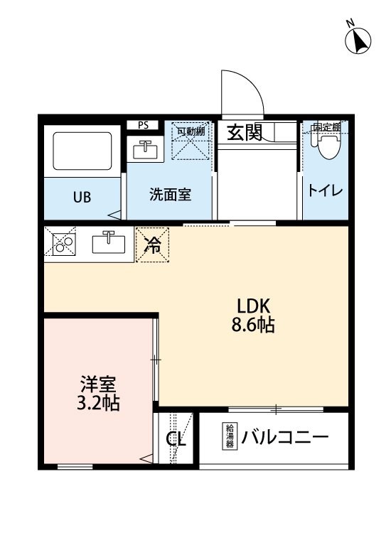 ｒｏｂｏｔ ｈｏｍｅ 上飯田東町 間取図　ＬＤＫ8.6帖　洋室3.2帖　脱衣洗面所　バルコニー
