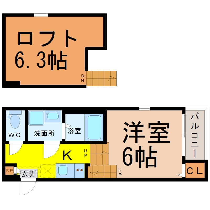 ハーモニーテラス幸心一丁目 間取図　洋室6帖　ロフト6.3帖　脱衣洗面所　バルコニー