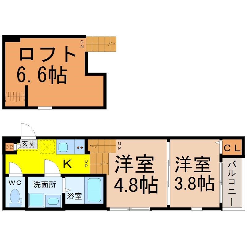 ハーモニーテラス幸心一丁目 間取図　洋室4.8帖　洋室3.8帖　ロフト6.6帖