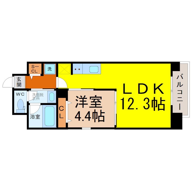 レジデンシア尾頭橋駅前 間取り　ＬＤＫ12.3帖　洋室4.4帖　脱衣洗面所