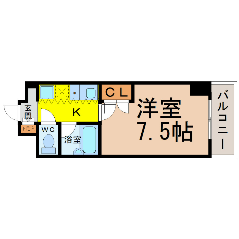 フォーシーズン 間取図　洋室7.5帖　バストイレ別　南面バルコニー