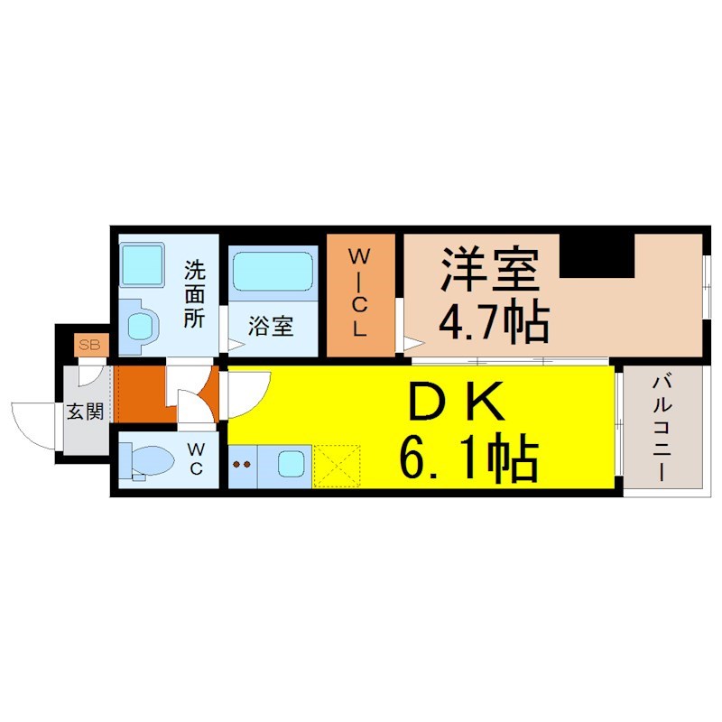 ＶＥＲＩＴＡＳ ＳＨＩＲＡＫＡＮＥ 間取図　ＤＫ6.1帖　洋室4.7帖　脱衣洗面所　バルコニー