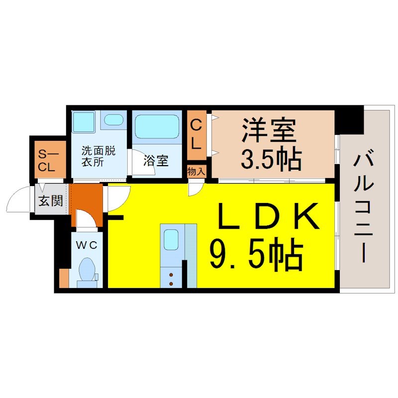 プレサンスジェネ上前津 間取図　ＬＤＫ9.5帖　洋室3.5帖
