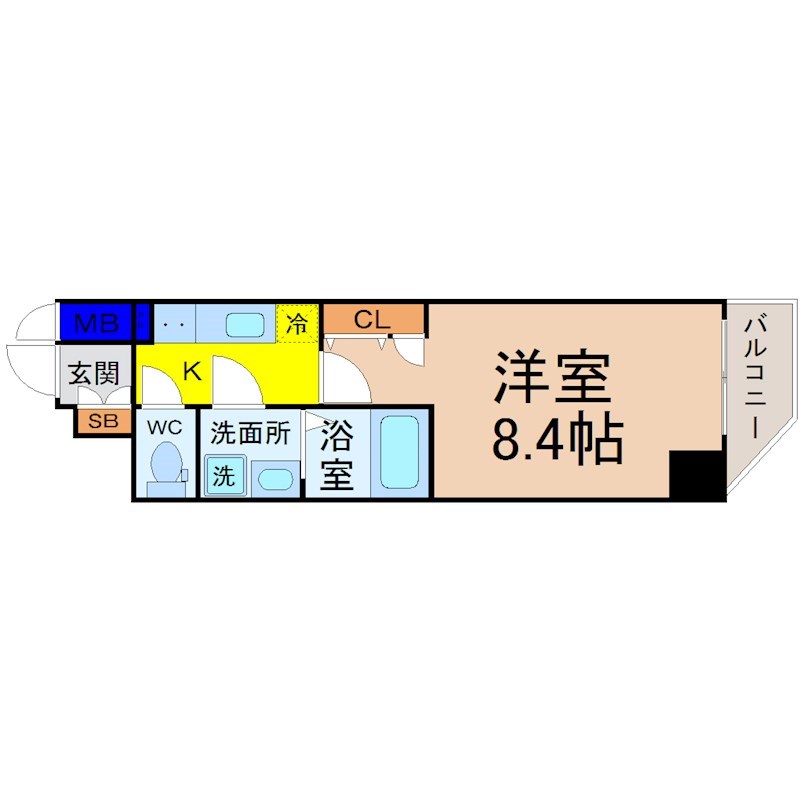 エスリード名古屋 STATION CENTRAL 間取図　洋室8.4帖　脱衣洗面所　クローゼット付　バルコニー