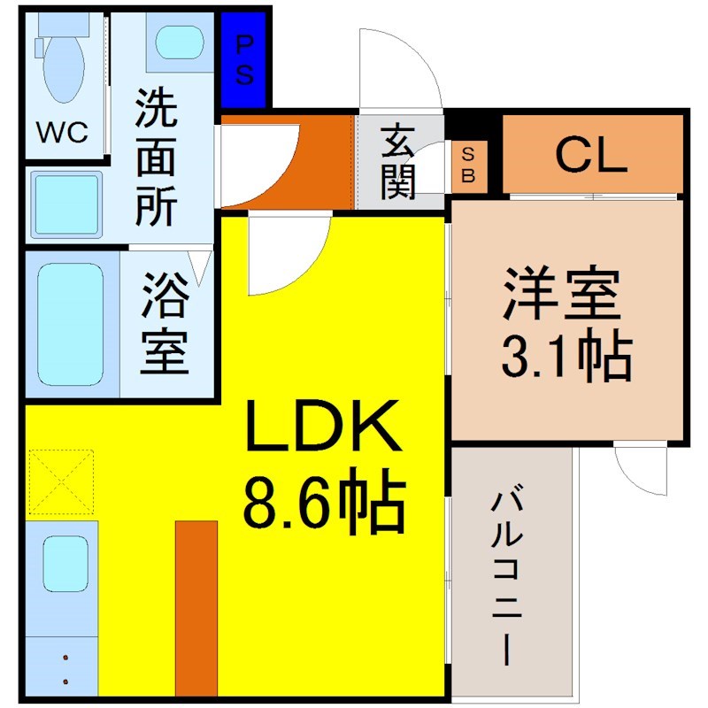 fika栄生（フィーカサコウ） 間取図　ＬＤＫ8.6帖　洋室3.1帖