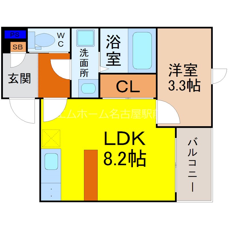 fika栄生（フィーカサコウ） 間取図　ＬＤＫ8.2帖　洋室3.3帖