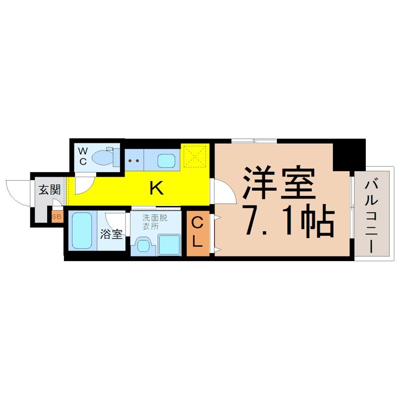 グランディール上前津 間取図　洋室7.1帖　脱衣洗面所　バルコニー