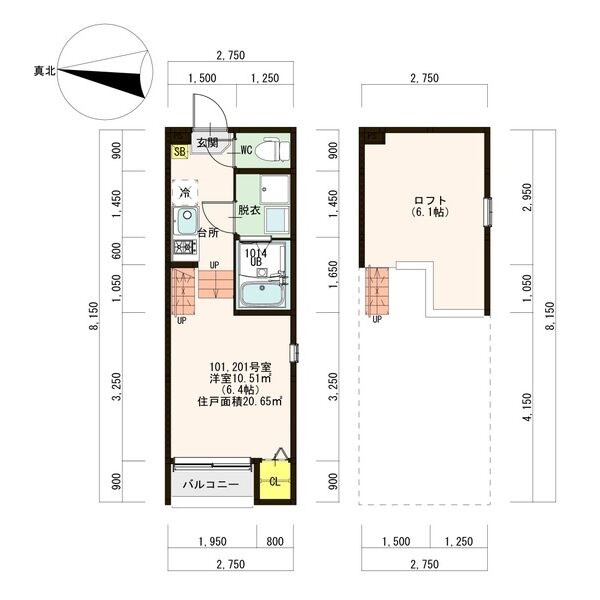Ｉ・Ｔグレイス本笠寺 間取図　洋室6.4帖　ロフト6.1帖　脱衣洗面所　バルコニー