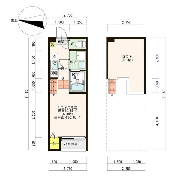 Ｉ・Ｔグレイス本笠寺 間取図　洋室6.4帖　ロフト6.1帖　脱衣洗面所　バルコニー