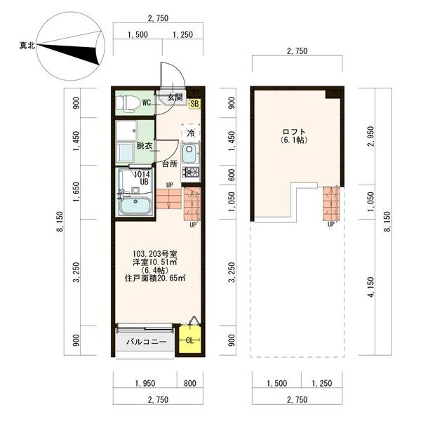 Ｉ・Ｔグレイス本笠寺 間取図　洋室6.4帖　ロフト6.1帖　脱衣洗面所　バルコニー