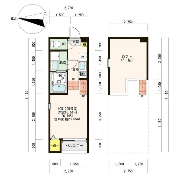 Ｉ・Ｔグレイス本笠寺 間取図　洋室6.4帖　ロフト6.1帖　脱衣洗面所　バルコニー