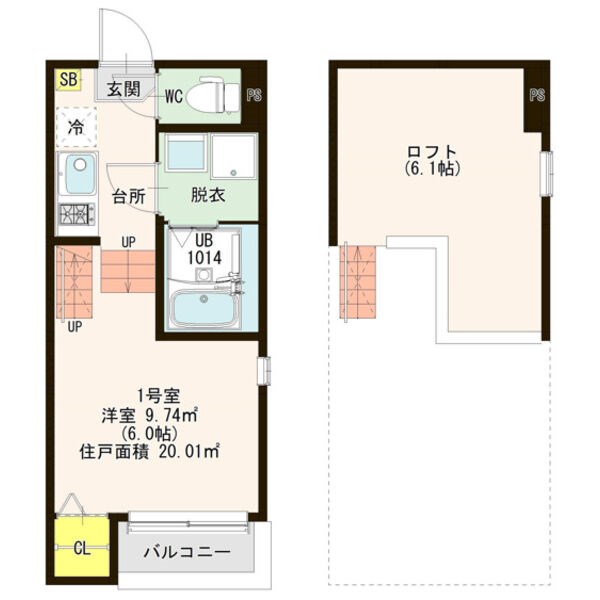 ハーモニーテラス新守山南 間取図　洋室6帖　ロフト6.1帖　脱衣洗面所