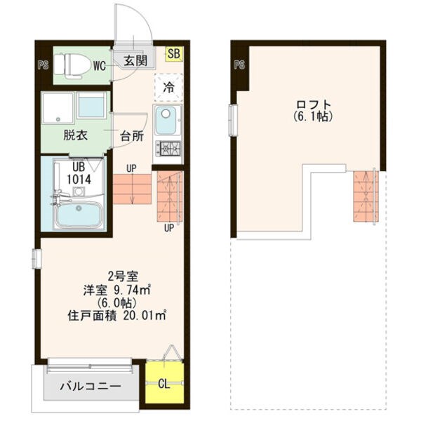 ハーモニーテラス新守山南 間取図　洋室6帖　ロフト6.1帖　脱衣洗面所