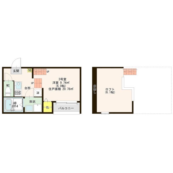 ハーモニーテラス新守山南 間取図　洋室6帖　ロフト6.1帖　脱衣洗面所