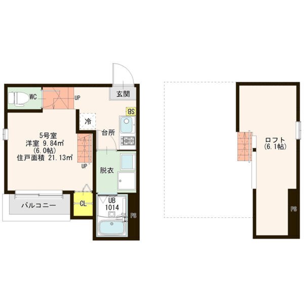 ハーモニーテラス新守山南 間取図　洋室6帖　ロフト6.1帖　脱衣洗面所