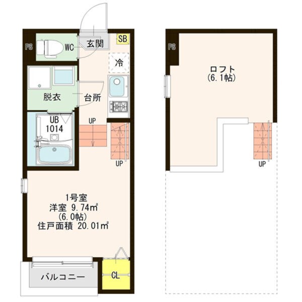 アップザイツ 間取図　洋室6帖　ロフト6.1帖　脱衣洗面所